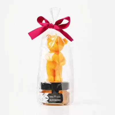 Bio-Honig mit Bienenwachskerze Teddybär
